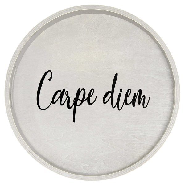 Elegant Designs "Carpe Diem" 13.75" Round Wood Serving Tray with Handles HG2013-GYC